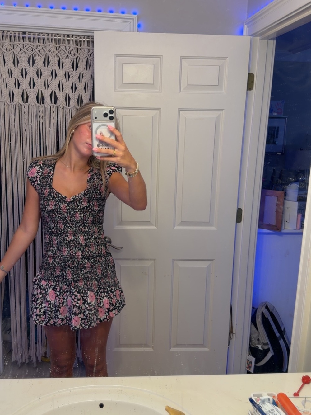LoveShackFancy Black Floral Smocked Mini Dress size petite!